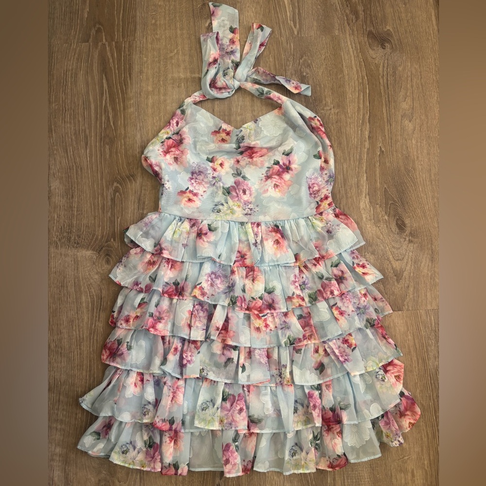 Lulu's Light Blue Halter Floral Ruffle Dress